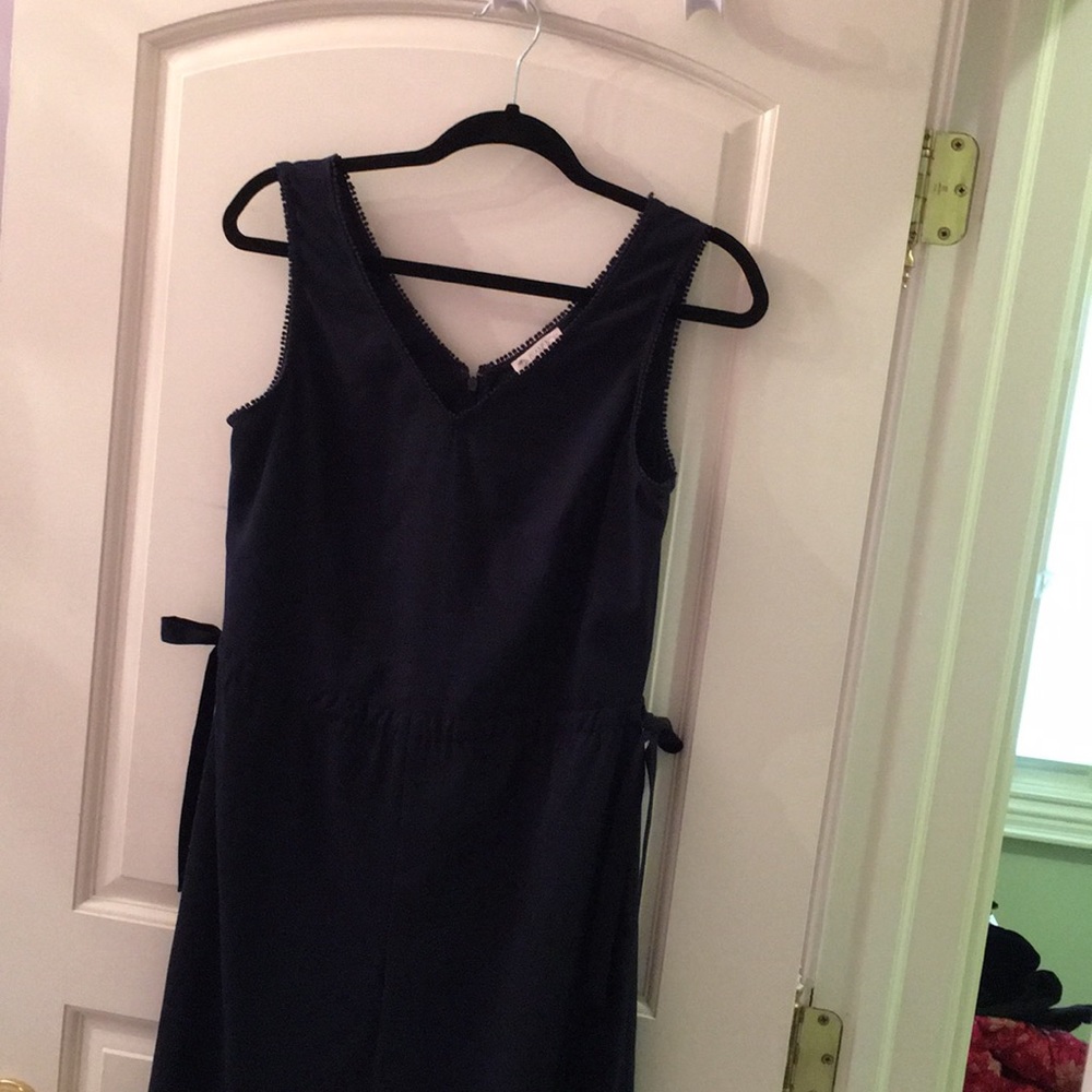 Navy Jumpsuit tie at waist flare bottom